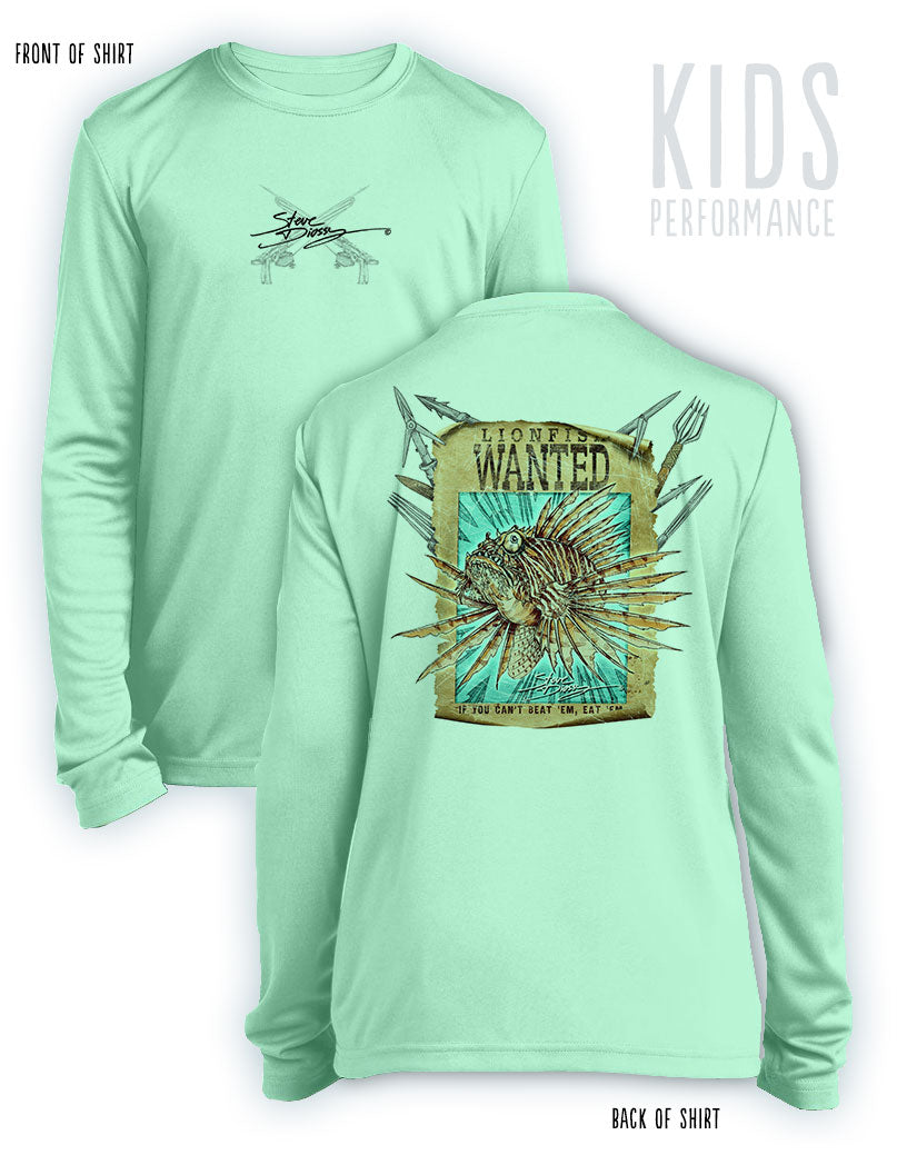 Lionfish Wanted Poster- KIDS Long Sleeve Performance - 100% Polyester